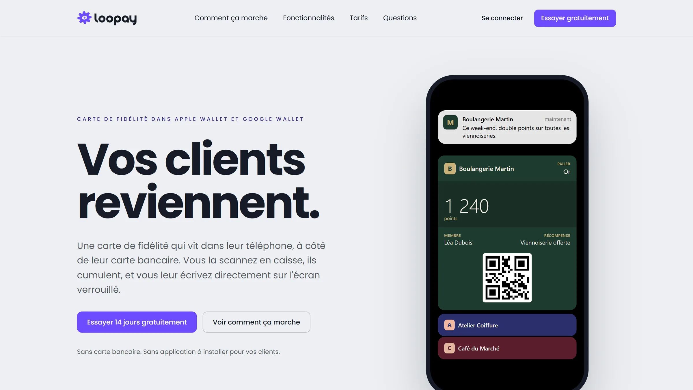 Page d'accueil du site de Loopay : « Vos clients reviennent. », avec une carte de fidélité affichée dans un téléphone.